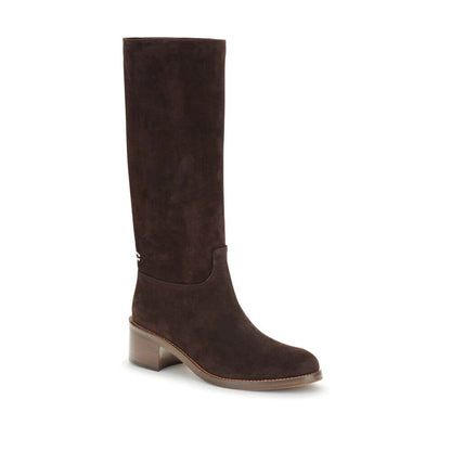 Carel Paris Brown Leather High Heel Boots with a suede finish and 5 cm heel, featuring a round toe and knee-high design with zip fastening.
