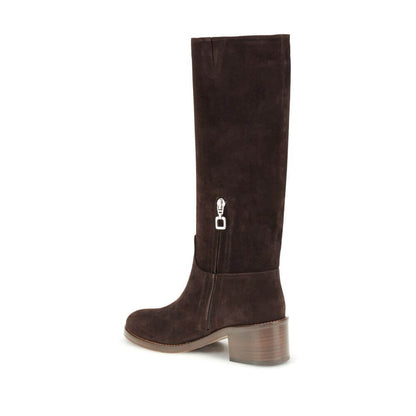 Carel Paris Brown Leather High Heel Boots featuring knee-high suede design with a zip fastening and round toe, 5 cm heel, iconic C applique.