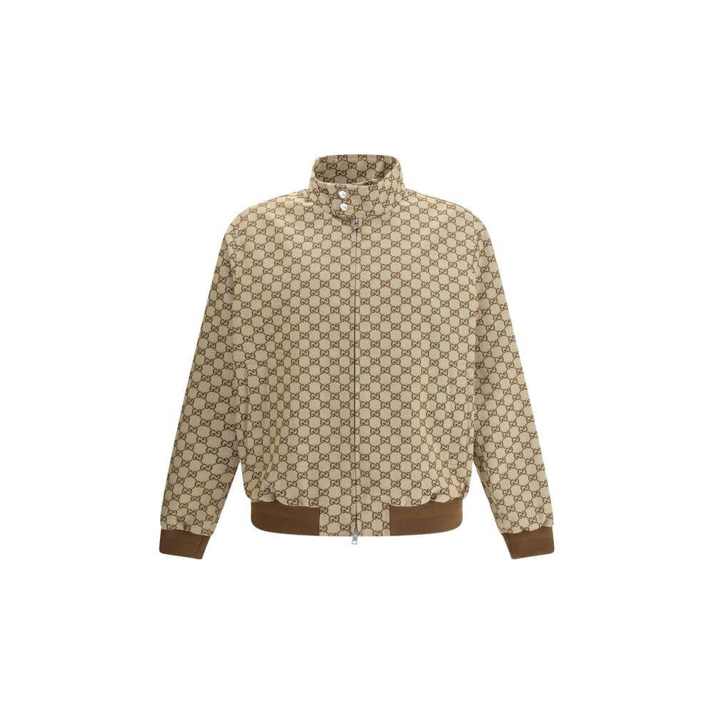 Gucci Beige Cotton Shell Jacket with GG Supreme pattern, high collar, snap buttons, and side pockets - AW25 collection.