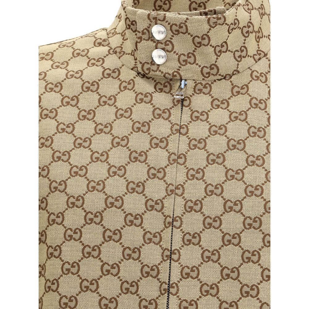 Gucci Beige Cotton Shell Jacket with GG Supreme pattern, high collar, snap buttons, and front zipper closure, AW25 season design.