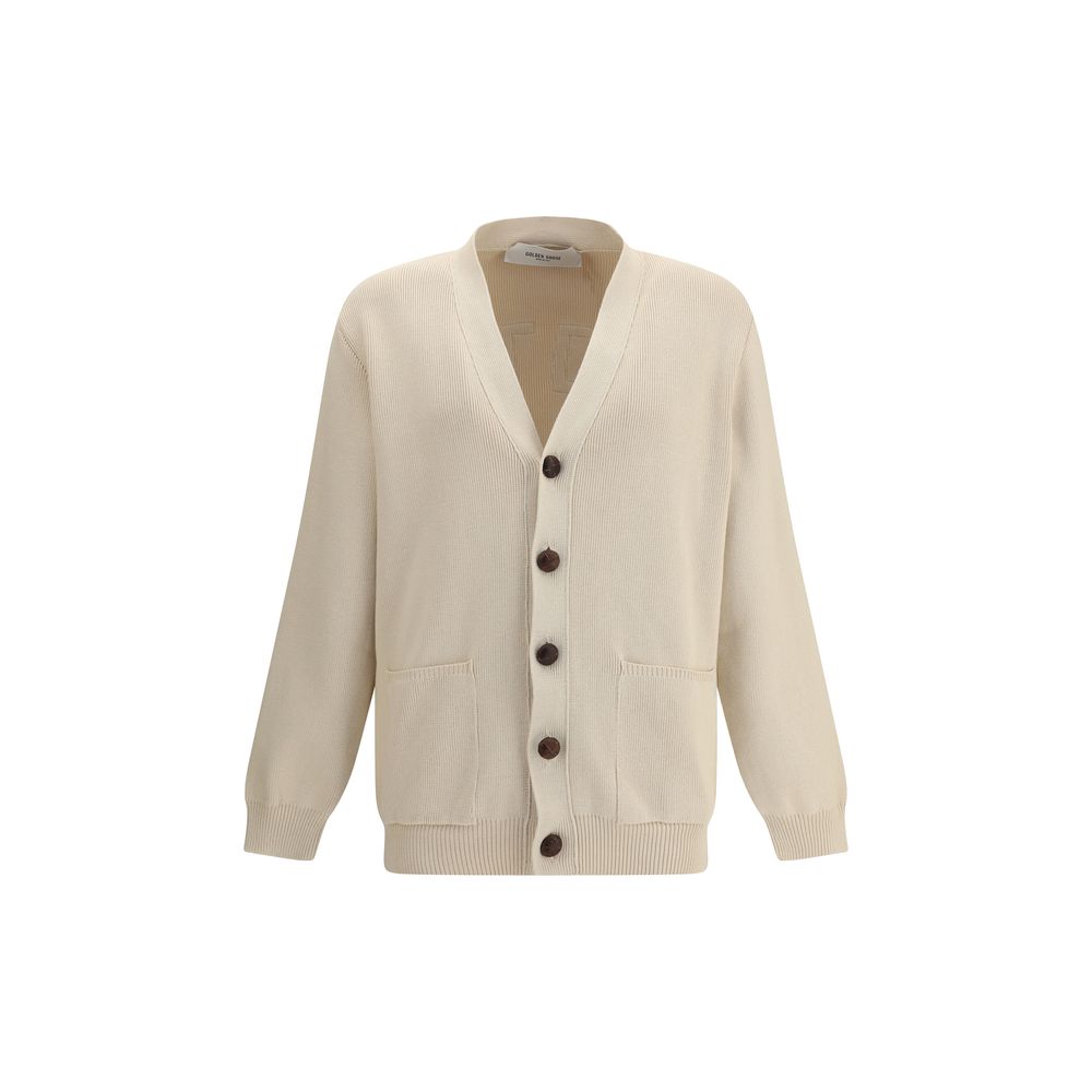 Golden Goose Cream Cotton Cardigan with button closure, patch pockets, ribbed cuffs, and hem, featuring back logo applique.
