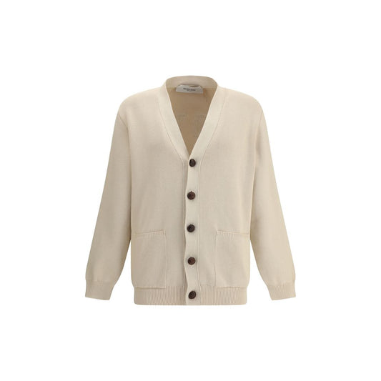 Golden Goose Cream Cotton Cardigan with button closure, patch pockets, ribbed cuffs, and hem, featuring back logo applique.