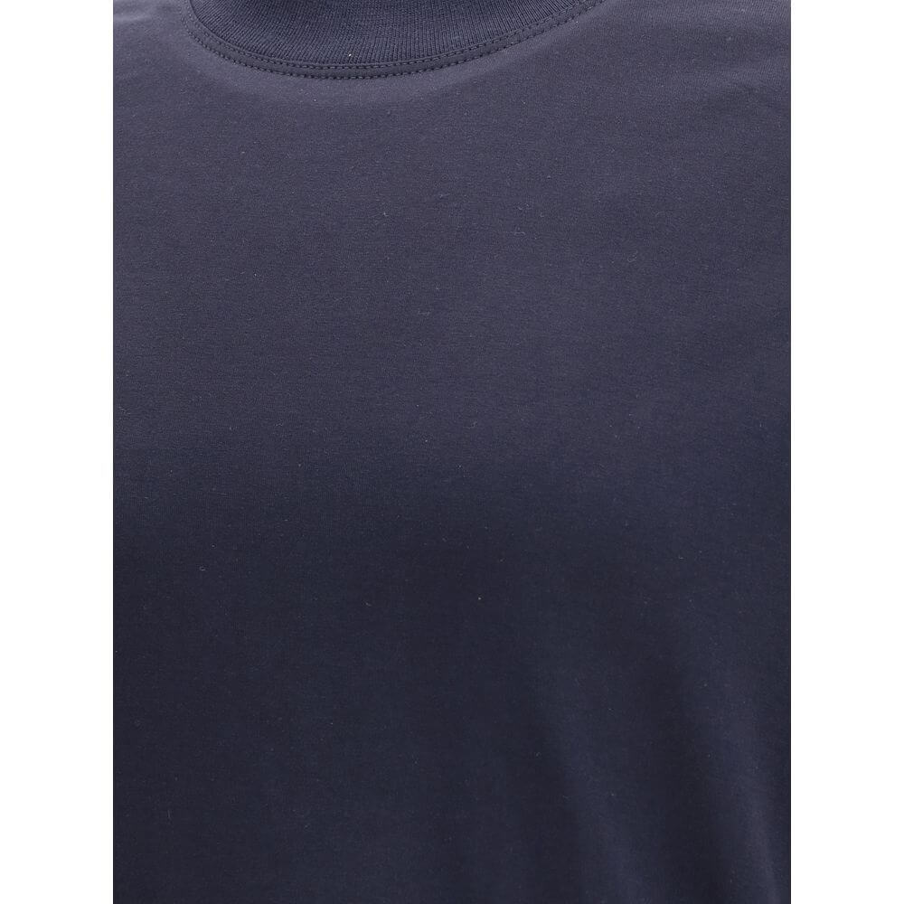 Brunello Cucinelli Blue Cotton Long Sleeve T-Shirt showing ribbed crew neck detail, monochrome pattern, regular fit, made in Italy.