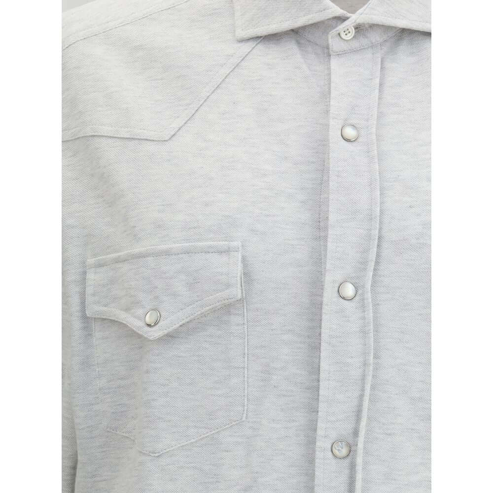 Close-up of Brunello Cucinelli Gray Cotton Shirt with snap button closure and patch pocket.