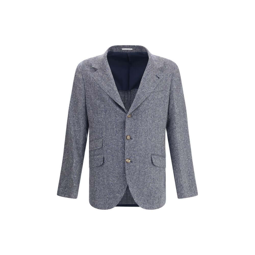 Brunello Cucinelli Blue Wool Blazer with herringbone pattern, classic lapels, and front button closure. Elegant Italian craftsmanship.