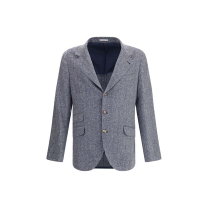 Brunello Cucinelli Blue Wool Blazer with herringbone pattern, classic lapels, and front button closure. Elegant Italian craftsmanship.