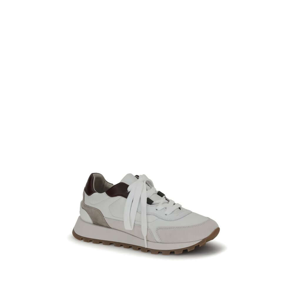 Brunello Cucinelli White Leather Athletic Sneakers with shiny details, featuring flat cotton laces, fabric lining, and jewel decoration.