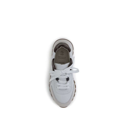 Brunello Cucinelli White Leather Athletic Sneakers top view with shiny jewel detail and flat cotton laces.