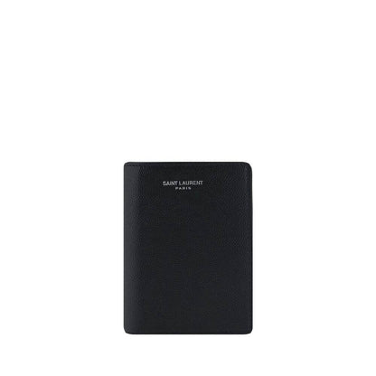 Saint Laurent Black Calf Leather Bos Taurus Wallet with embossed grained leather, iconic brand print, and billfold design, made in Italy.