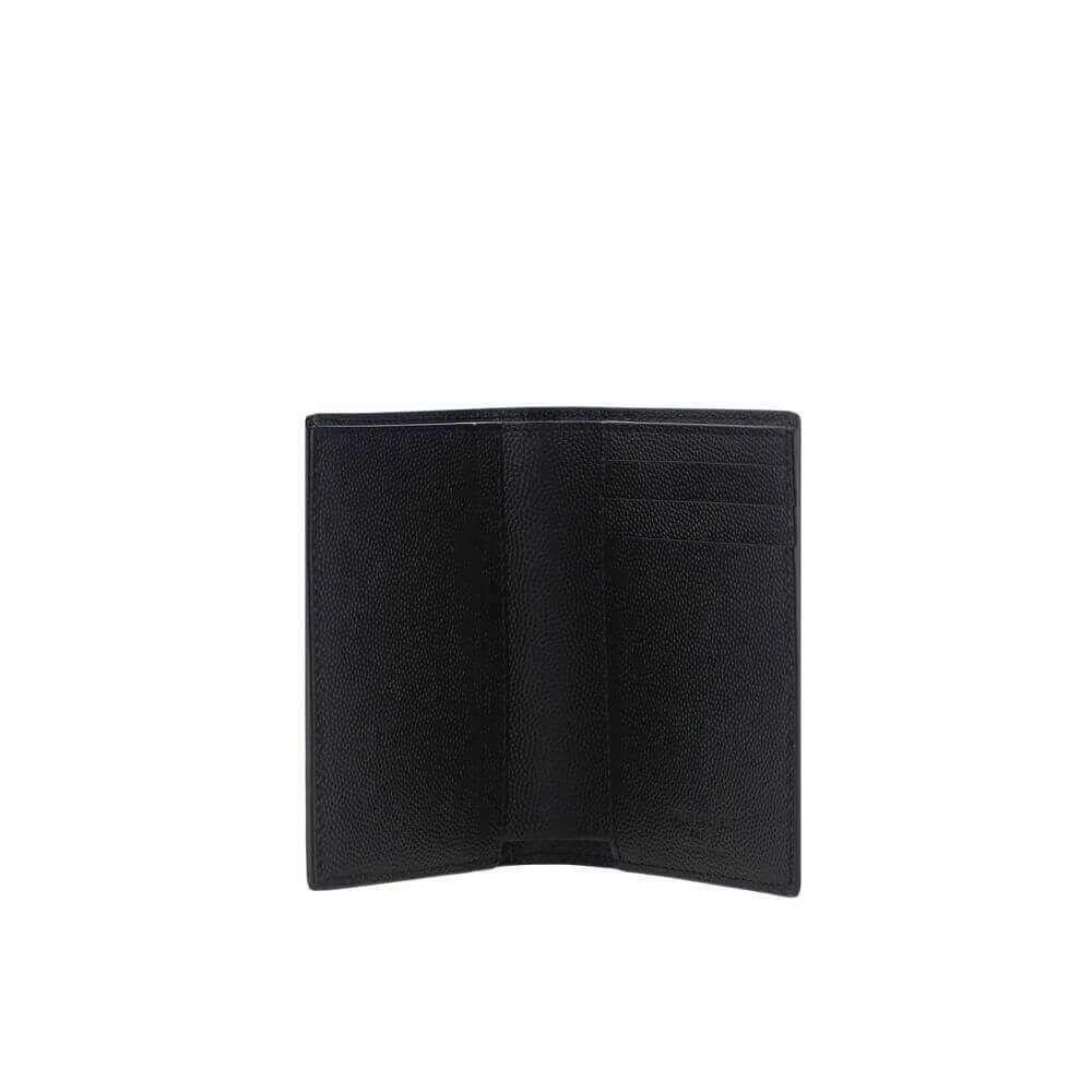 Saint Laurent Black Calf Leather Bos Taurus Wallet with billfold design, embossed grained leather, and card slots, AW25 collection.