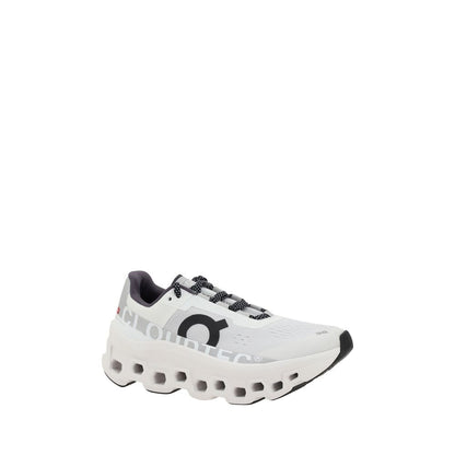 ON White Polyester Athletic Sneakers with technical design, featuring lace-up closure, logo, and cushioned reinforced sole with perforated texture.