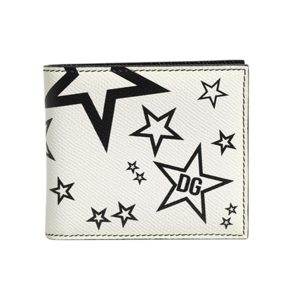 Dolce & Gabbana White Leather DG Star Logo Bifold Men Card Holder Wallet