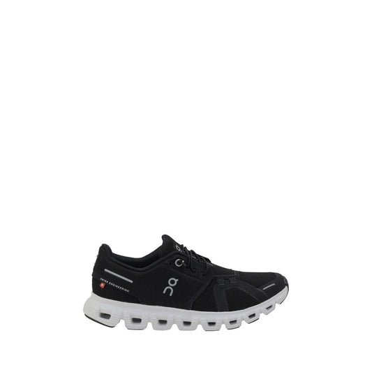 Alt Tag: ON Black Polyester Athletic Sneakers with CloudTec technology, featuring quick lacing, rubber outsole, and contrasting monogram design.