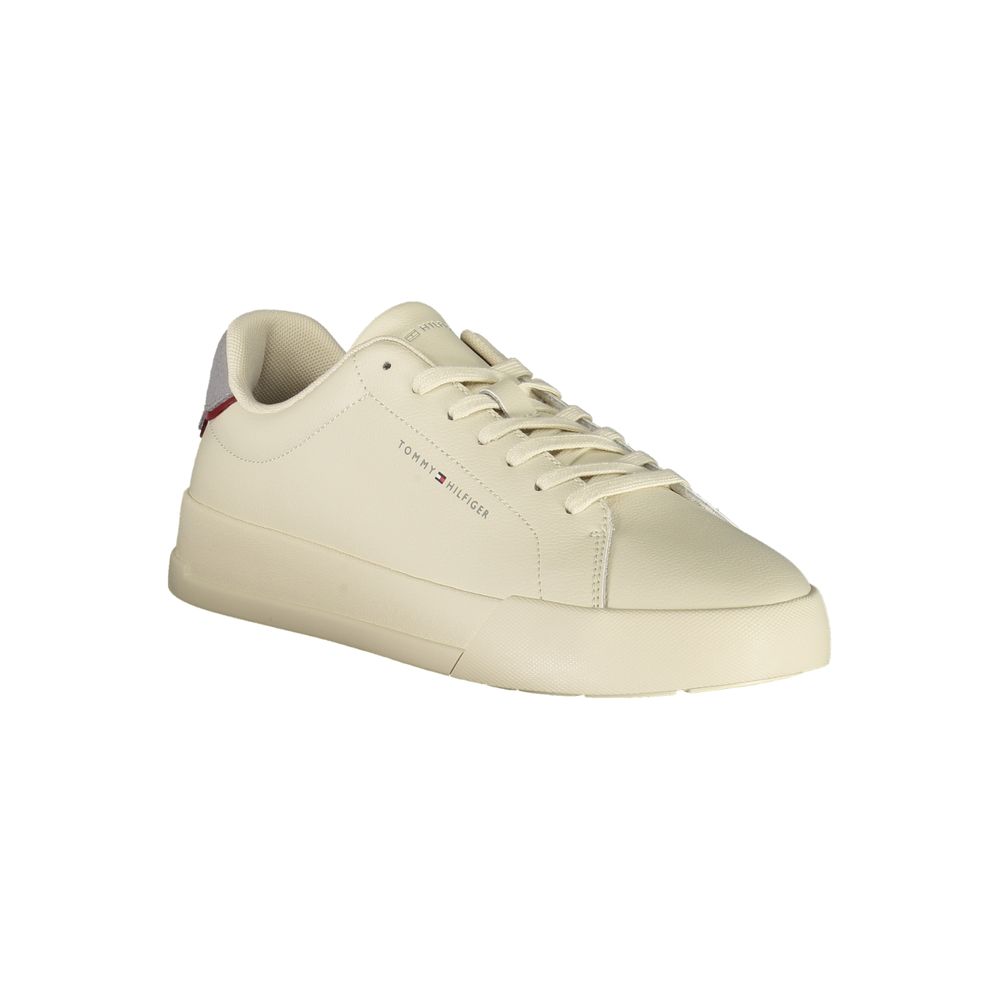Tommy Hilfiger Beige Leather Men Sneaker with grey accents and logo, showcasing luxury and comfort for stylish and casual wear.