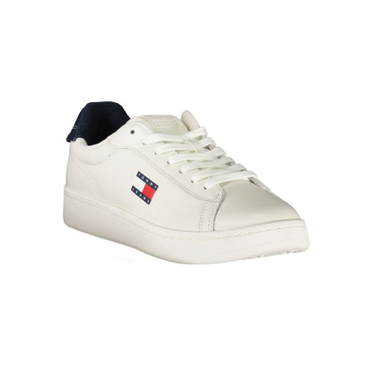 Tommy Hilfiger White Leather Women Sneaker with blue accents featuring iconic logo and removable footbed for comfort.