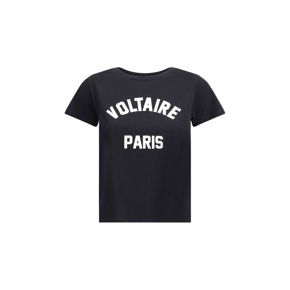Zadig & Voltaire Black Cotton T-Shirt with contrasting Voltaire Paris logo, ribbed crew neck, perfect for casual style. AW25 collection, 100% cotton.