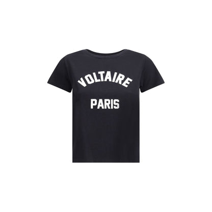 Zadig & Voltaire Black Cotton T-Shirt with contrasting Voltaire Paris logo, ribbed crew neck, perfect for casual style. AW25 collection, 100% cotton.