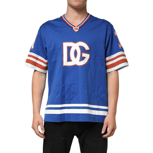 Dolce & Gabbana Blue Cotton DG Logo Mesh Jersey T-shirt, sporty design with white and red accents, short sleeves, front view on model.