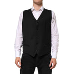 Dolce & Gabbana Black Wool Dress Formal Men Waistcoat Vest worn over white shirt for an elegant look.