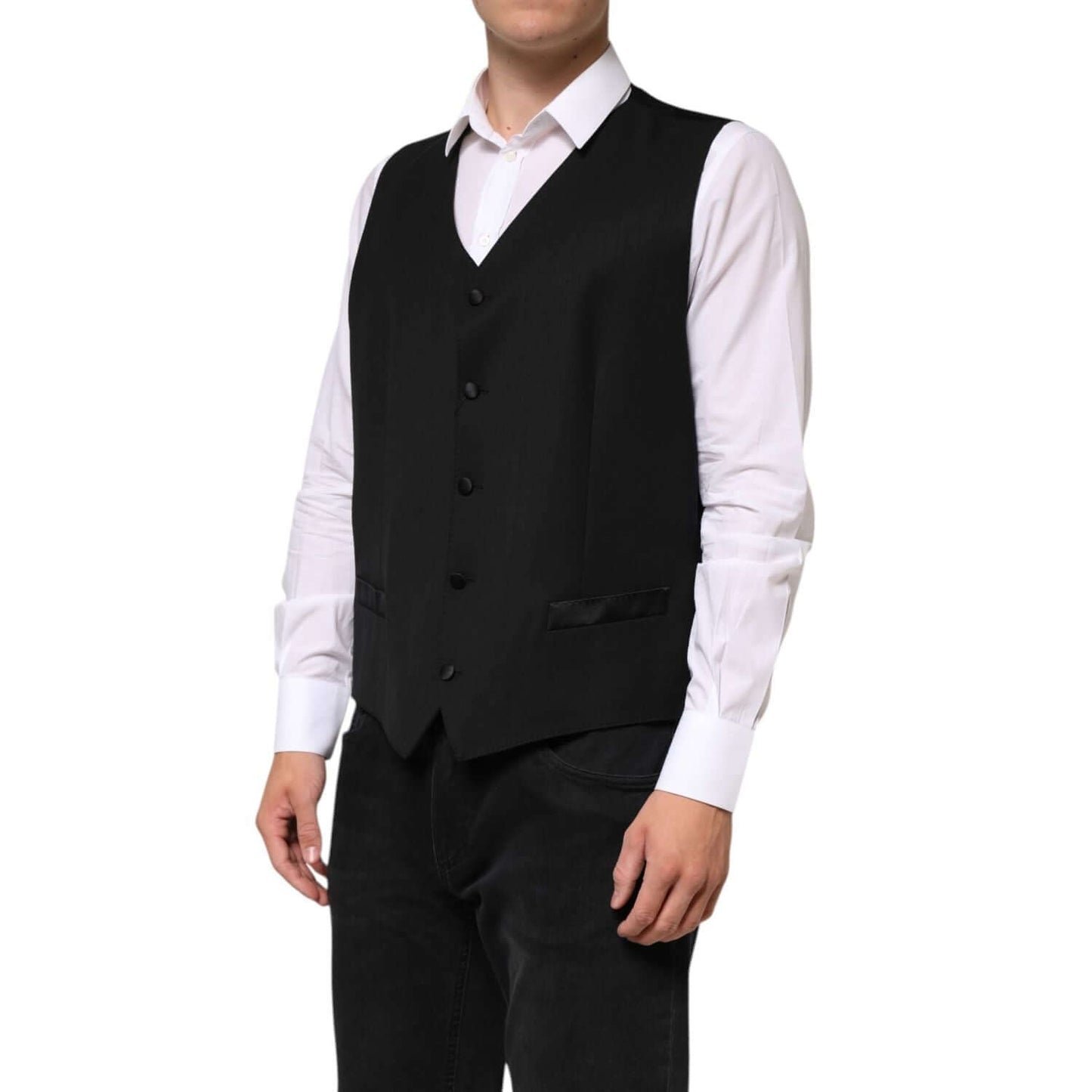 Model wearing Dolce & Gabbana Black Wool Dress Formal Men Waistcoat Vest, showcasing a classic tailored silhouette for formal occasions.