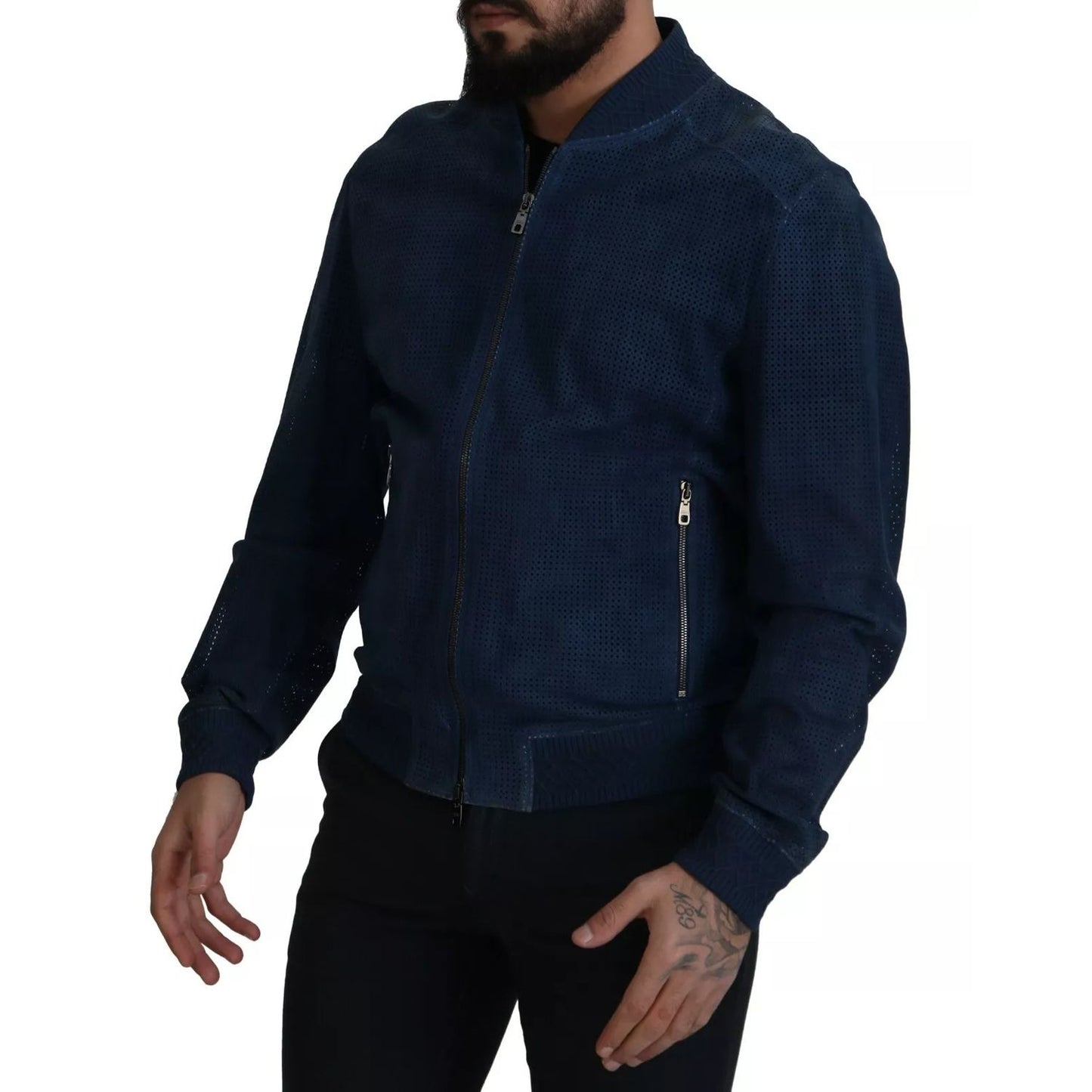 Dolce & Gabbana Blue Leather Perforated Full Zip Jacket