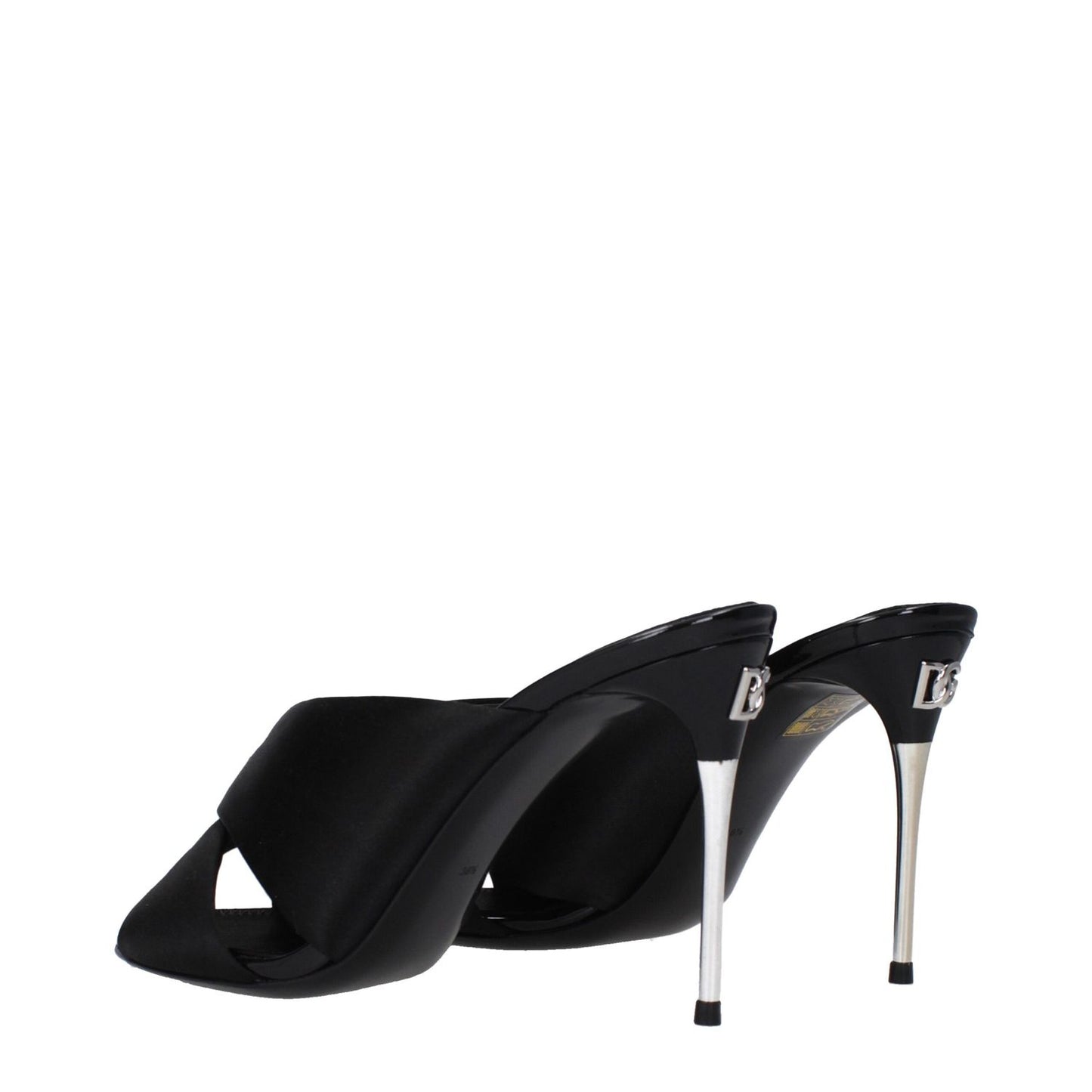 Dolce & Gabbana Black Satin Stiletto Heel Sandals with leather sole and open toe, featuring a high 9.5 cm heel style.