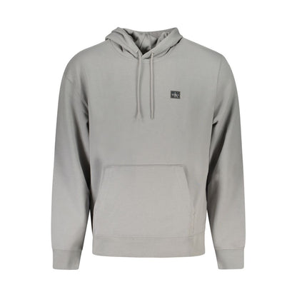Calvin Klein Gray Recycled Polyester Men Sweater with hood, brushed interior, and pocket featuring applique logo, showcasing eco-friendly fashion.