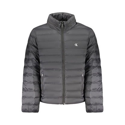 Calvin Klein Black Polyamide Men Jacket with zip front, removable hood, and logo, offering water and wind resistance for stylish protection.