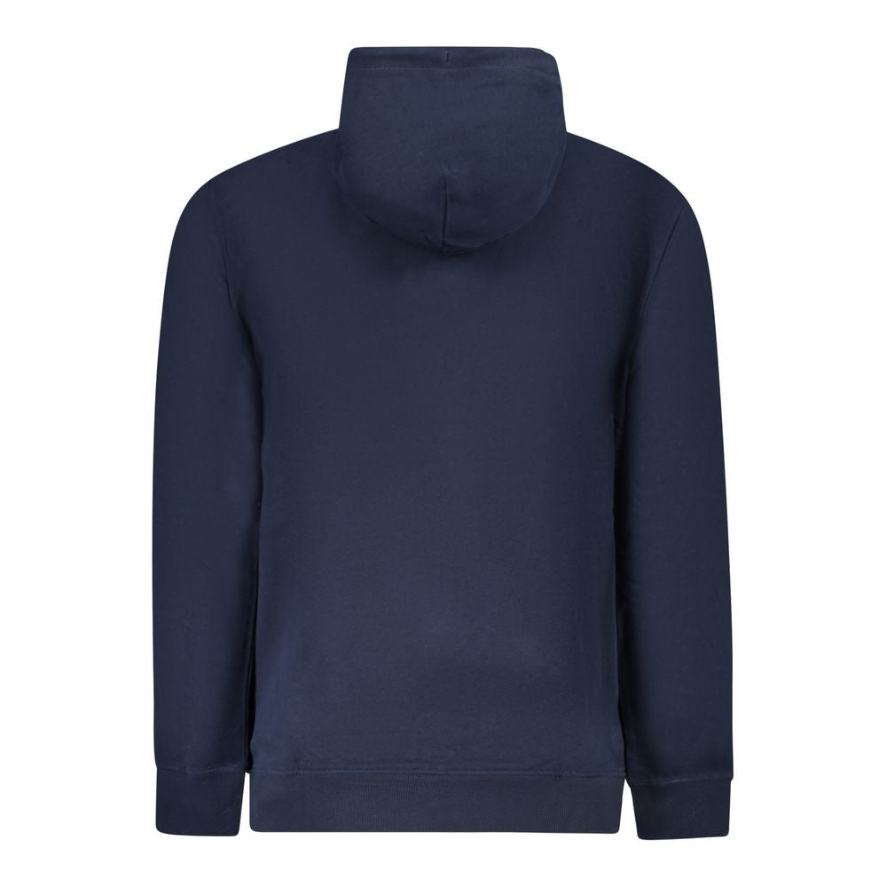 Back view of Tommy Hilfiger Blue Cotton Men Sweater with hood, showcasing sustainable fashion and contemporary style for men.