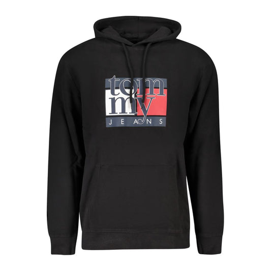Tommy Hilfiger Black Cotton Men Sweater with logo, long-sleeved hooded design, and central pocket.