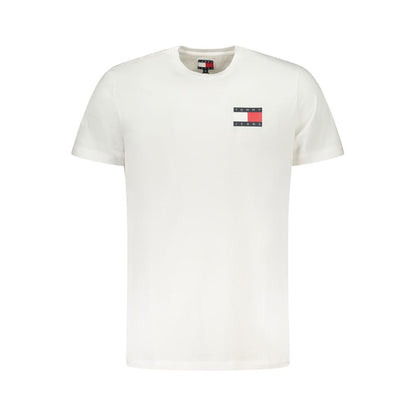 Tommy Hilfiger White Cotton Men T-Shirt with bold logo print on front, made from 95% regenerative cotton, crew neck, timeless style.