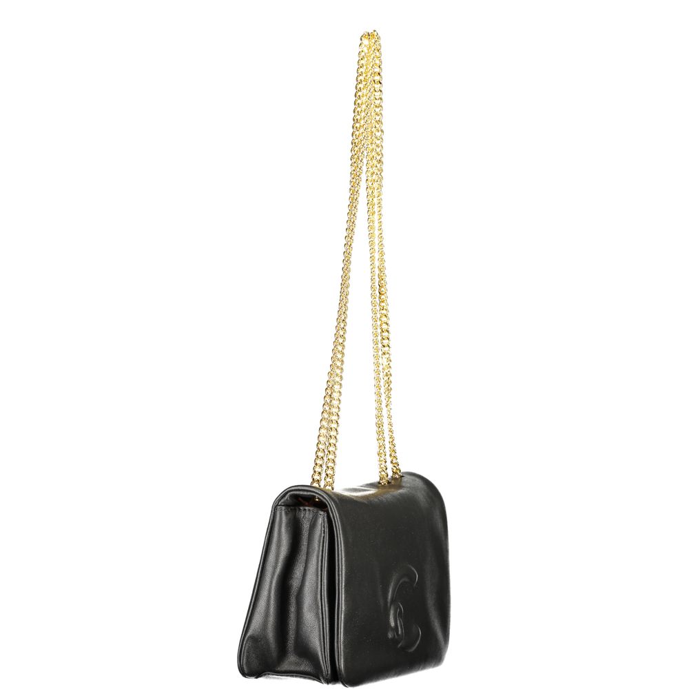 Coccinelle Black Leather Women Handbag with dual chain shoulder handles, showcasing Italian craftsmanship and chic sophistication.