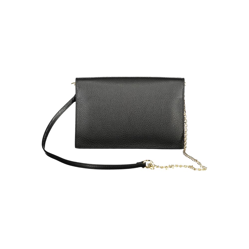 Coccinelle Black Leather Women Handbag with chain strap, sleek design, and secure snap closure for elegance and functionality.