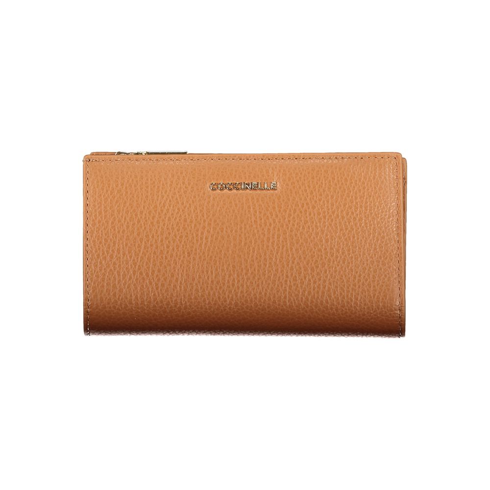 Coccinelle Brown Leather Women Wallet with zip and snap closure, features dual compartments and logo, Italian-crafted elegance