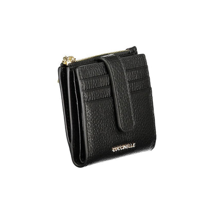 Coccinelle Black Leather Women Wallet with card slots and coin purse, showcasing Italian craftsmanship and high-shine finish.