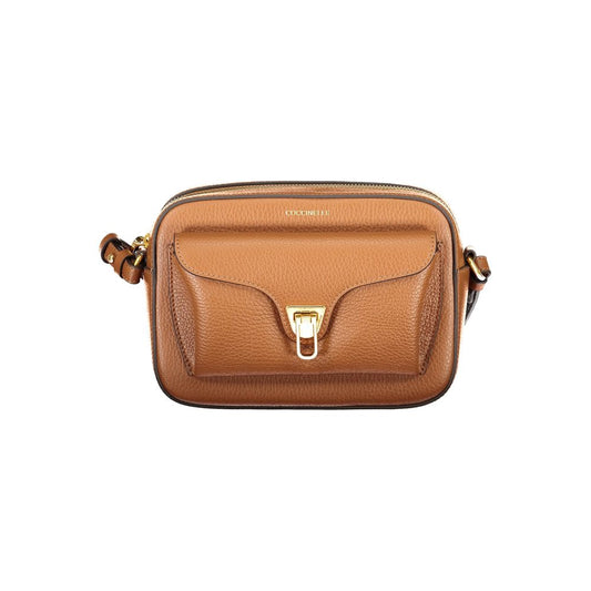 Coccinelle Brown Leather Women Handbag with adjustable strap and twist closure pocket for elegance and functionality.