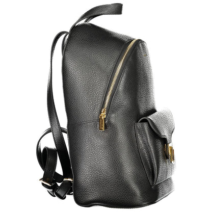 Coccinelle Black Leather Women Backpack with gold zip, twist closure pocket, adjustable straps for stylish and functional elegance.