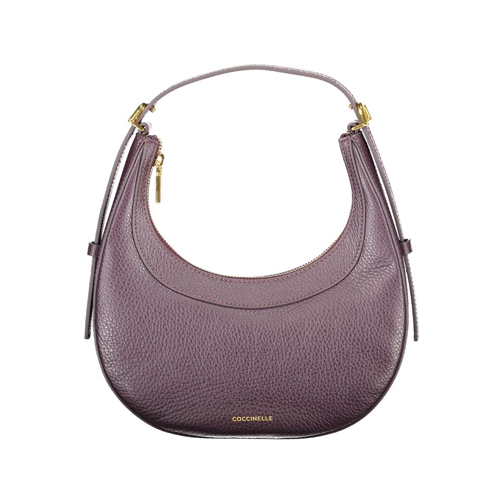 Coccinelle Purple Leather Women Handbag with adjustable shoulder handle and detachable strap, sophisticated zip closure and elegant design.