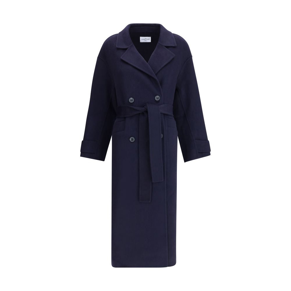 Dynamis Studio Blue Wool Coat, double-breasted with classic lapels and built-in belt, versatile and refined style for AW25. 100% wool.
