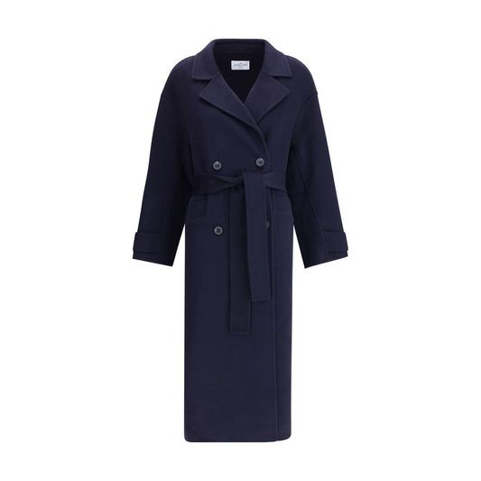 Dynamis Studio Blue Wool Coat, double-breasted with classic lapels and built-in belt, versatile and refined style for AW25. 100% wool.