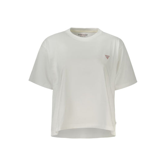Guess Jeans White Cotton Women T-Shirt with logo applique, short sleeves, and boxy silhouette made from eco-friendly organic cotton.