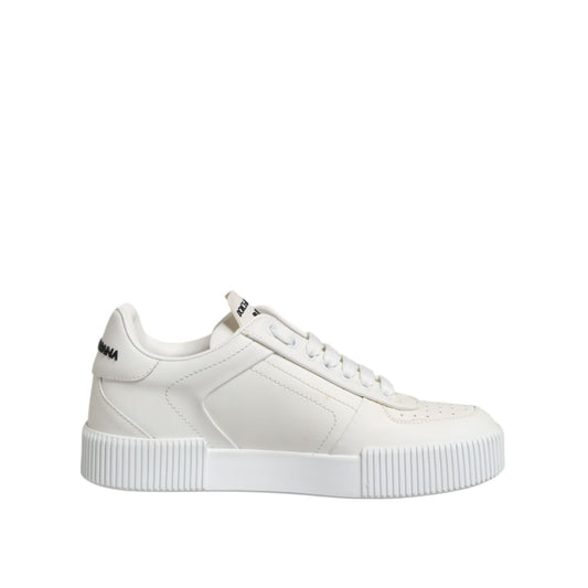 Dolce & Gabbana White Miami Leather Low Top Sneakers Shoes in smooth calfskin with rubber sole and lace-up closure.