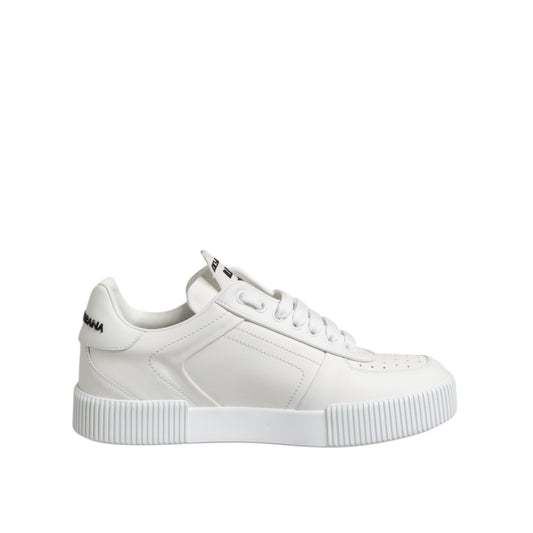 Dolce & Gabbana White Miami Leather Low Top Sneakers Shoes, crafted from white calfskin leather with a rubber sole and lace-up closure.