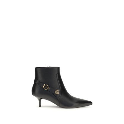 PINKO Black Calf Leather Bos Taurus Ankle Boots with almond toe, side zipper, and logo buckle detail.