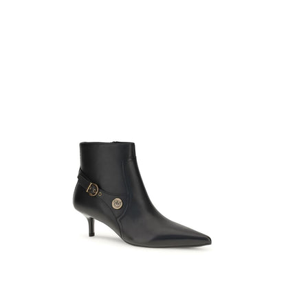 PINKO Black Calf Leather Bos Taurus Ankle Boots with almond toe, side zipper, and logo buckle.