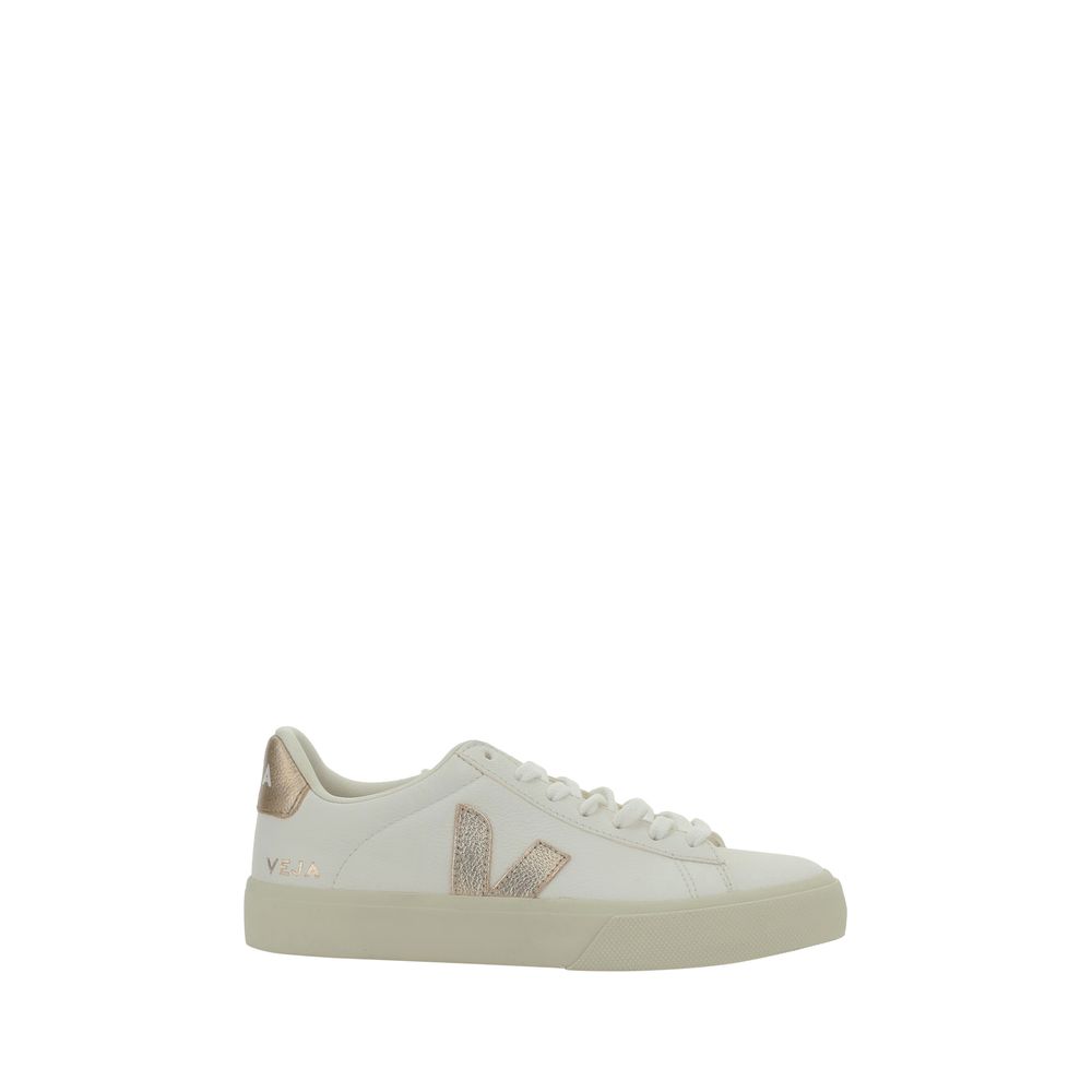 Veja White Calf Leather Bos Taurus Low Top Sneakers with gold logo and heel, featuring round toe and lace-up design, side view.