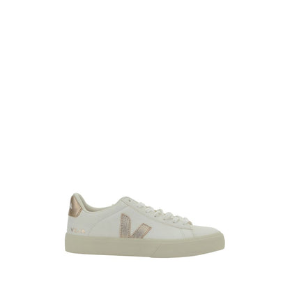 Veja White Calf Leather Bos Taurus Low Top Sneakers with gold logo and heel, featuring round toe and lace-up design, side view.