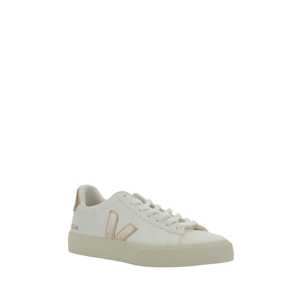 Veja White Calf Leather Bos Taurus Low Top Sneakers with contrasting panels and logo applique, front view.