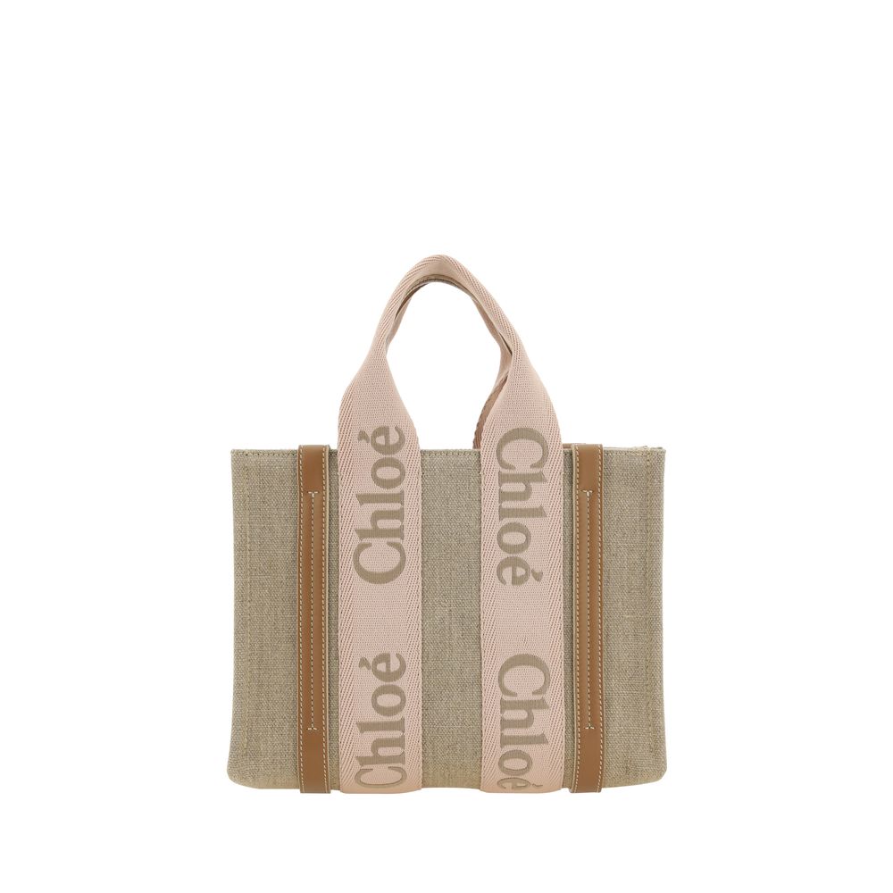 Chloé Beige Linen Handbag with leather accents, featuring double flat handles and adjustable shoulder strap for versatile use.