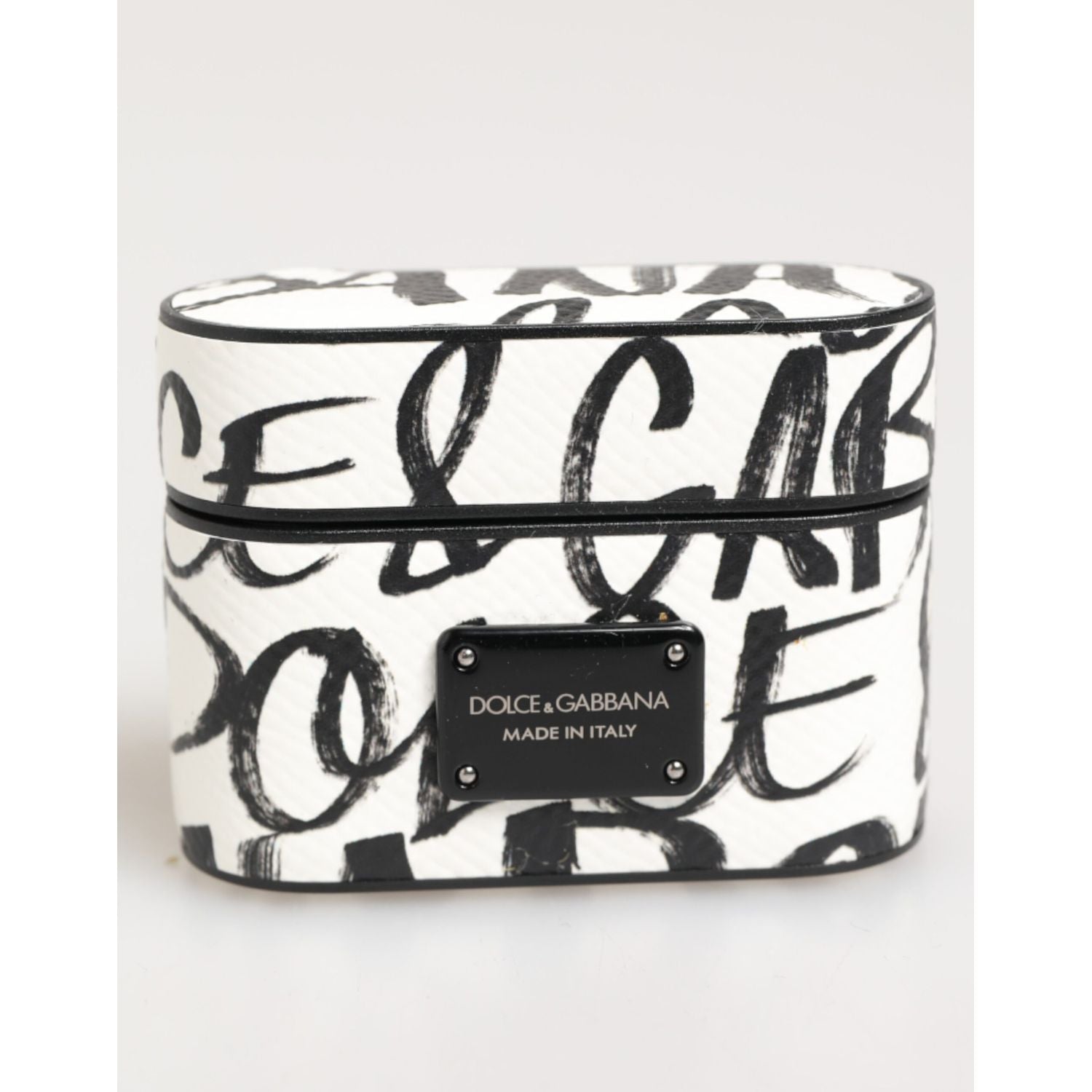 Dolce & Gabbana Black White Leather Monogram Print Logo Holder Airpods Case
